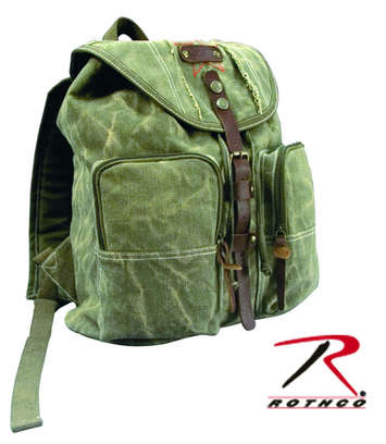 STONE WASHED CANVAS BACKPACK - OLIVE DRAB WITH LEATHER AC